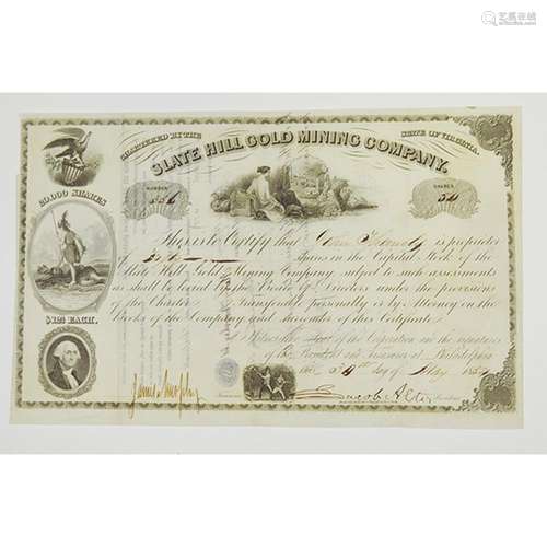 Slate Hill Gold Mining Co., 1854 Issued Stock Certificate