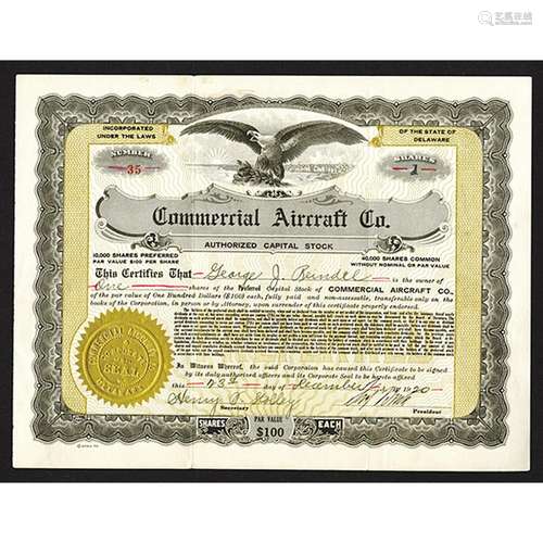 Commercial Aircraft Co., 1920 Issued Stock