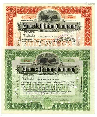 Ahmeek Mining Co., 1922/1923 Pair of Issued Stock Certificates