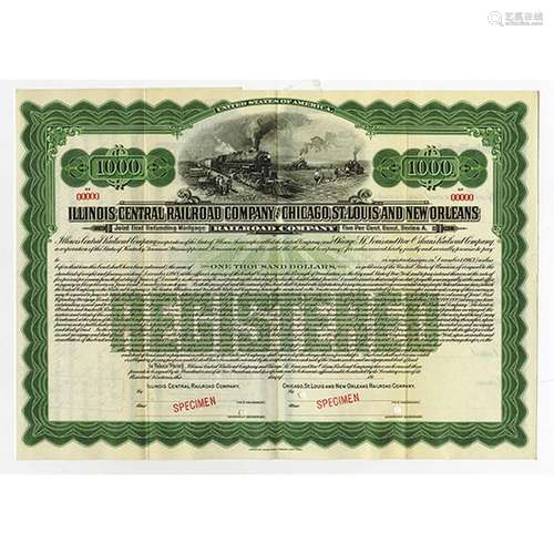 Illinois Central Railroad Co. and Chicago, St. Louis and New Orleans Railroad Co., 1913 Specimen Bond.