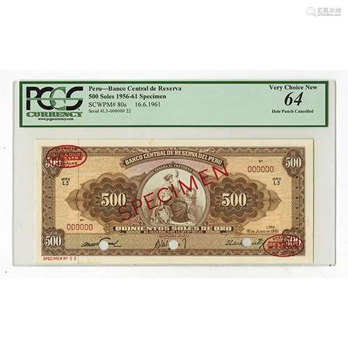 Banco Central DeDe Reserva Del Peru, 1961 Specimen Banknote.