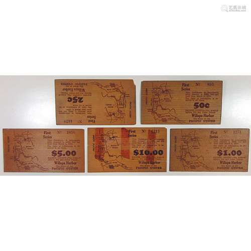 South Bend Merchant's Association. 1934. Quintet of Wooden Depression Scrip Notes.