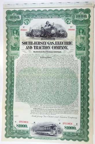 South Jersey Gas, Electric and Traction Co., 1900 Specimen Bond.