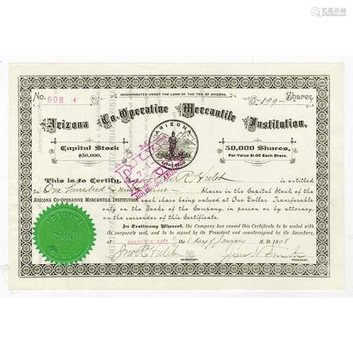 Arizona Co-Operative Mercantile Institution, Mormon related company, 1898 Stock Certificate Signed by Jesse Smith.