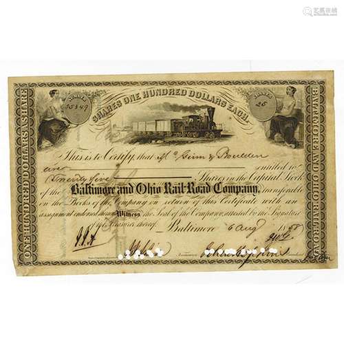 Baltimore & Ohio Rail Road Co., 1858 Stock Certificate Signed by John Hopkins as President.