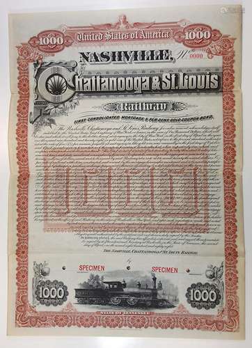 Nashville, Chattanooga & St. Louis Railway, 1888 Specimen Bond.