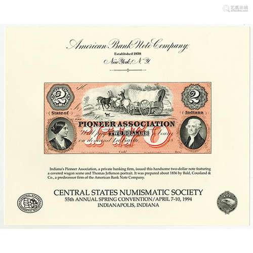 Lot of 25 ABN Souvenir Cards, All with Indiana's Pioneer Association, $2 Obsolete Reprints of 1856 Obsolete Banknote.