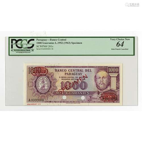 Banco Central Del Paraguay, L.1952 (ca.1963) Specimen Banknote.