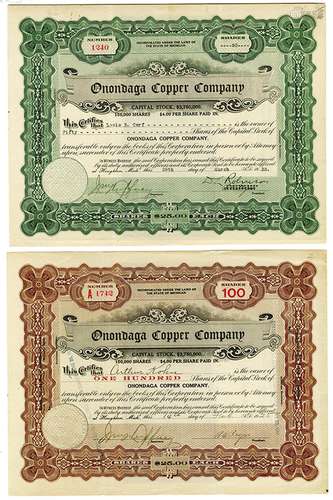 Onondaga Copper Co. Pair of Issued Stock Certificates 1925-1932