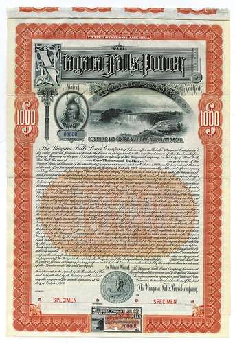 Niagara Falls Power Co. 1909 Specimen Bond.