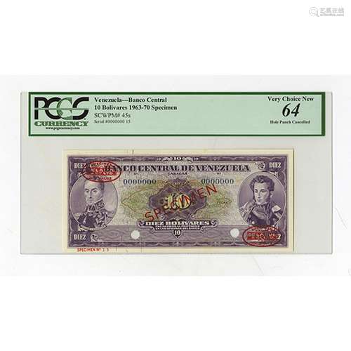 Banco Central De Venezuela, 1963-70 Specimen Banknote.