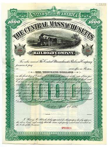 Central Massachusetts Railroad Co., 1895 Specimen Bond.