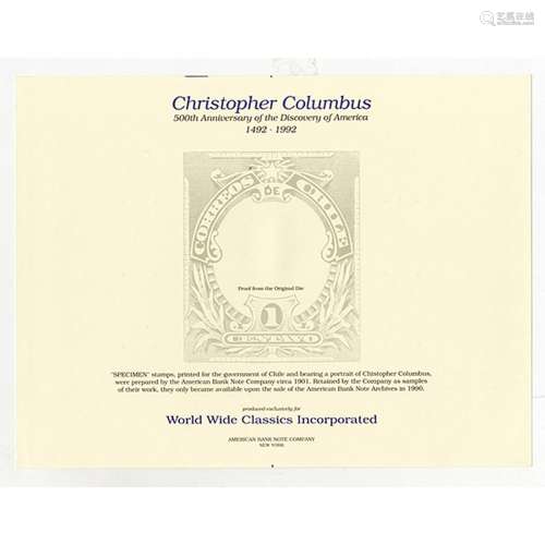 Christopher Columbus, 500th Anniversary of the Discovery of America. 1992 Souvenir Card with proof Chile 1 Centavo Stamp Pair.