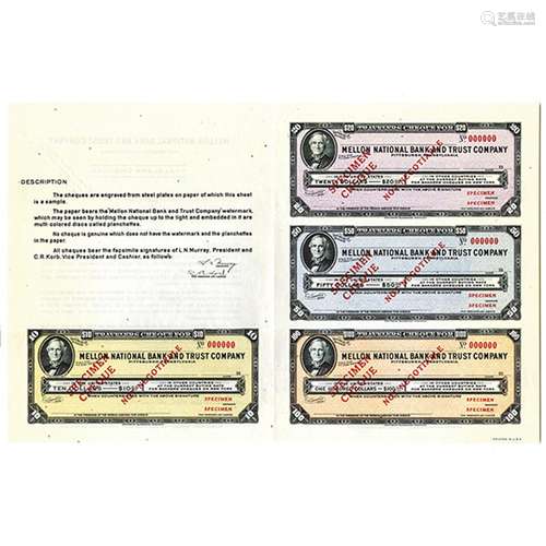 Mellon National Bank and Trust Co., 1947 Specimen Sample Sheet of Traveler's Checks.