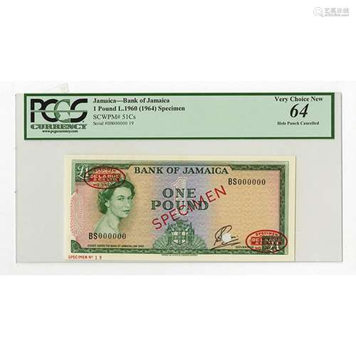 Bank of Jamaica L.1960 (1964) Specimen Banknote.