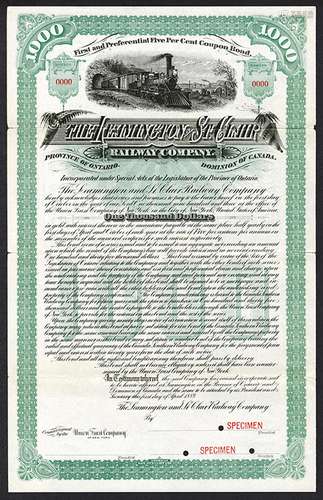 Leamington and St.Clair Railway Co. 1889 Specimen Bond.