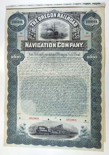 Oregon Railroad and Navigation Co. 1896 Specimen Bond.