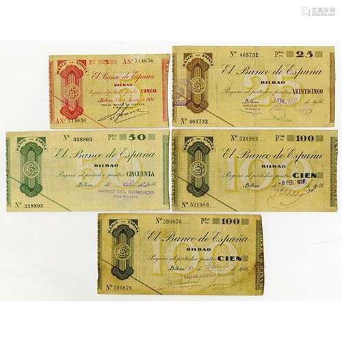 Banco de Espana. 1936. Quintet of Issued Notes.