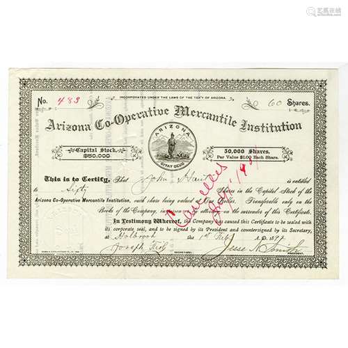 Arizona Co-Operative Mercantile Institution, Mormon related company, 1897 Stock Certificate Signed by Jesse Smith & Joseph Fish.