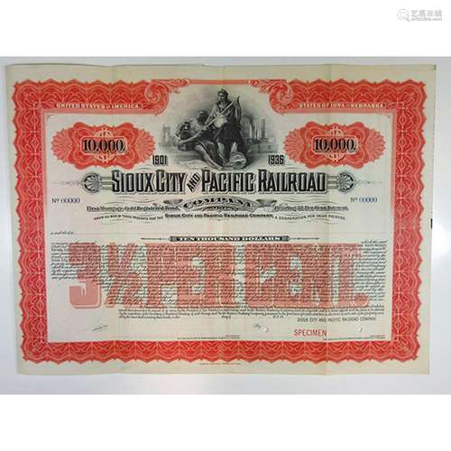 Sioux City and Pacific Railroad Co. 1900-1910 Specimen Bond.