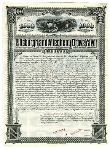 Pittsburgh and Allegheny Drove Yard Co., 1885 Specimen Bond