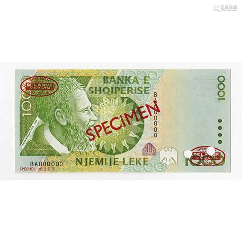 Banka e Shqiperise, 2001 Specimen Banknote.