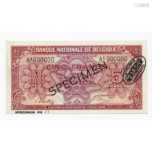 Banque Natioinale de Belgique, 1943 (1944) Specimen Banknote.