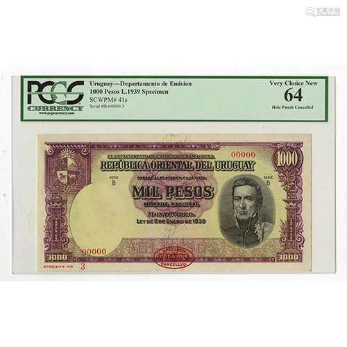 Republica Oriental Del Uruguay, L.1939 Specimen Banknote.