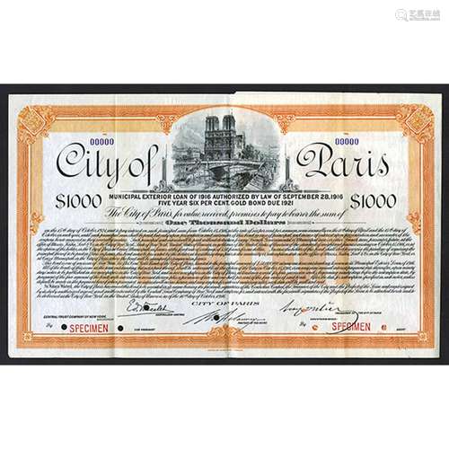 City of Paris, 1916 Specimen Bond