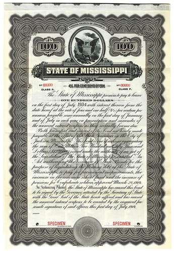 State of Mississippi, 1914 Specimen Bond