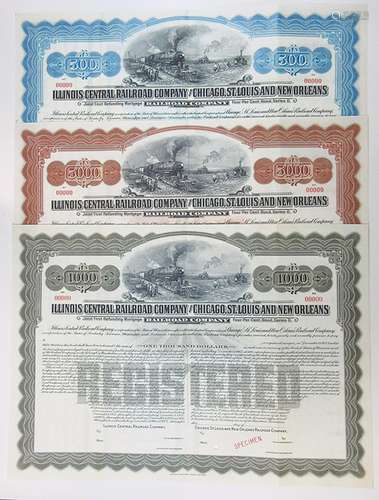 Illinois Central Railroad Co. and Chicago, St.Louis and New Orleans Railroad Co. 1913 Specimen Registered Bond Trio.