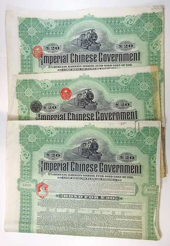 Imperial Chinese Government Hukuang Railways, 1911 Trio of Issued Bond.