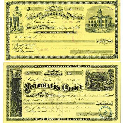 Controller's Office - State of Nevada, Pair of Indigent Insane Fund Warrants ca.1879-1884.