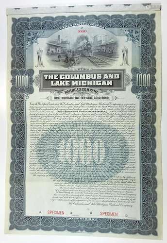 Columbus and Lake Michigan Railroad Co., 1902 Specimen Bond.