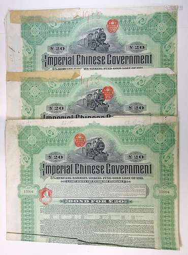 Imperial Chinese Government Hukuang Railways, 1911 Trio of Issued Bond.