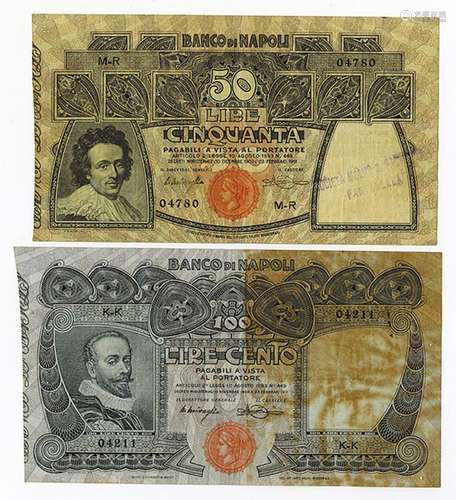 Banco Di Napoli, 1911 Issued Banknote Pair.