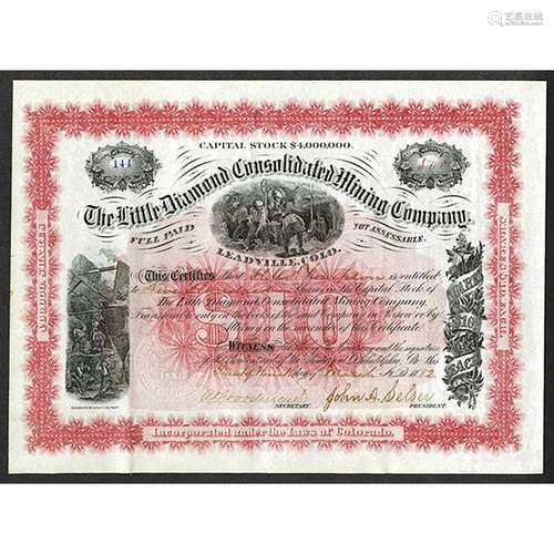 Little Diamond Consolidated Mining Co. 1882 Stock Certificate.