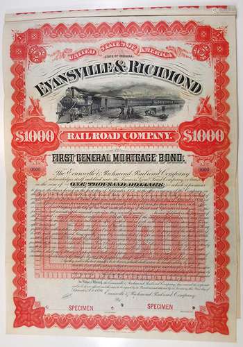 Evansville & Richmond Rail Road Co. 1891 Specimen Bond.