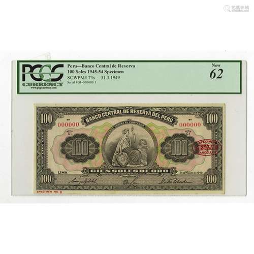 Banco Central DeDe Reserva Del Peru, 1949 Specimen Banknote.