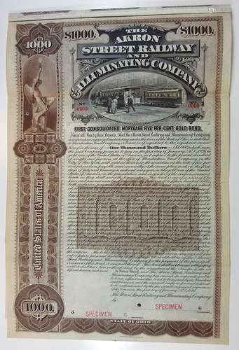 Akron Street Railway and Illuminating Co, 1896 Specimen Bond.