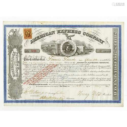 American Express Co., 1866 Stock Certificate signed by H. Wells and J. Fargo.