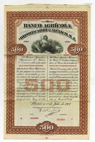 Banco Agricola e Hipotecario De Mexico 1907 Specimen Bond