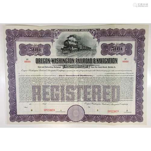 Oregon-Washington Railroad & Navigation Co. 1911 Specimen Bond.