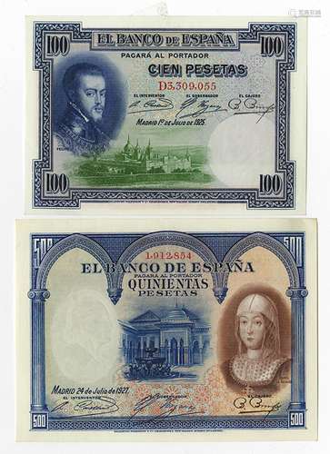 Banco de Espana. 1925-1927. Pair of Issued Notes.