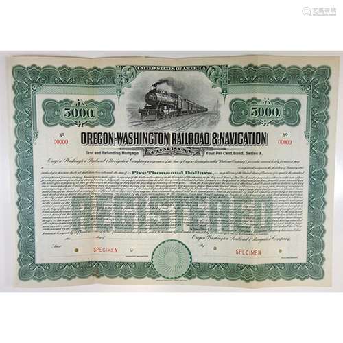 Oregon-Washington Railroad & Navigation Co. 1911 Specimen Bond.