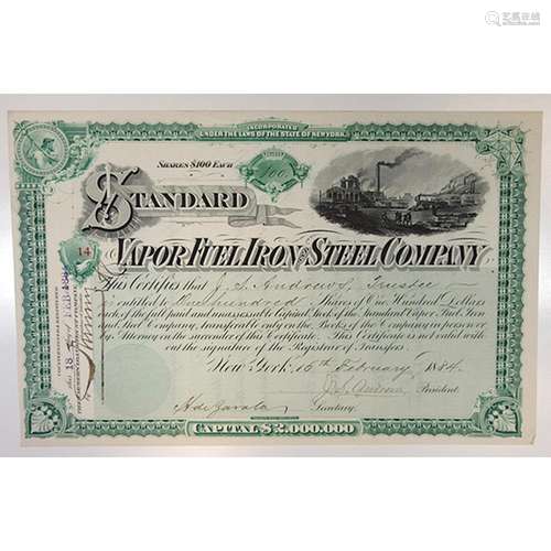 Standard Vapor Fuel Iron & Steel Co., 1884 Issued Stock Certificate