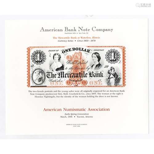 Lot of 34 ABN Souvenir Cards, All with Mercantile Bank at Waterloo, IL, $1 Obsolete Reprints of 1855 Obsolete Banknote.