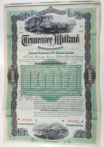 Tennessee Midland Railway Co., 1887 Specimen Bond.