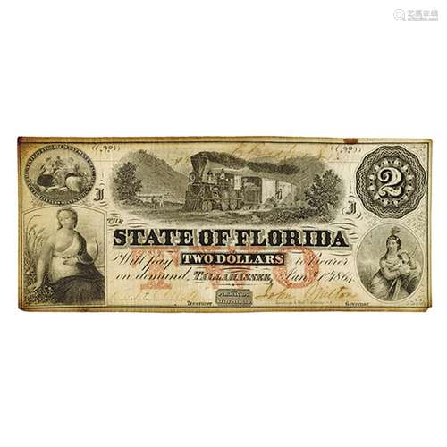 State of Florida, $2 1864, Cr-39, Issued Obsolete Banknote