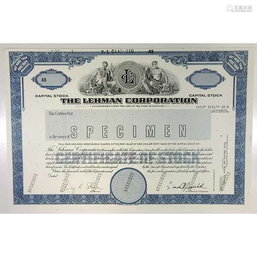 The Lehman Corporation, 1989 Specimen Stock Certificate.